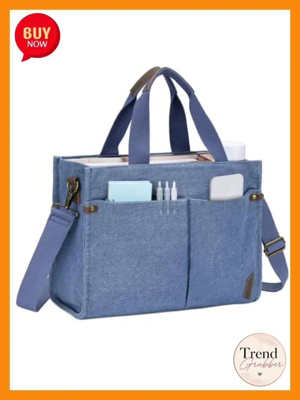 Canvas Tote Bag with Zipper Pockets and Detachable Crossbody Strap